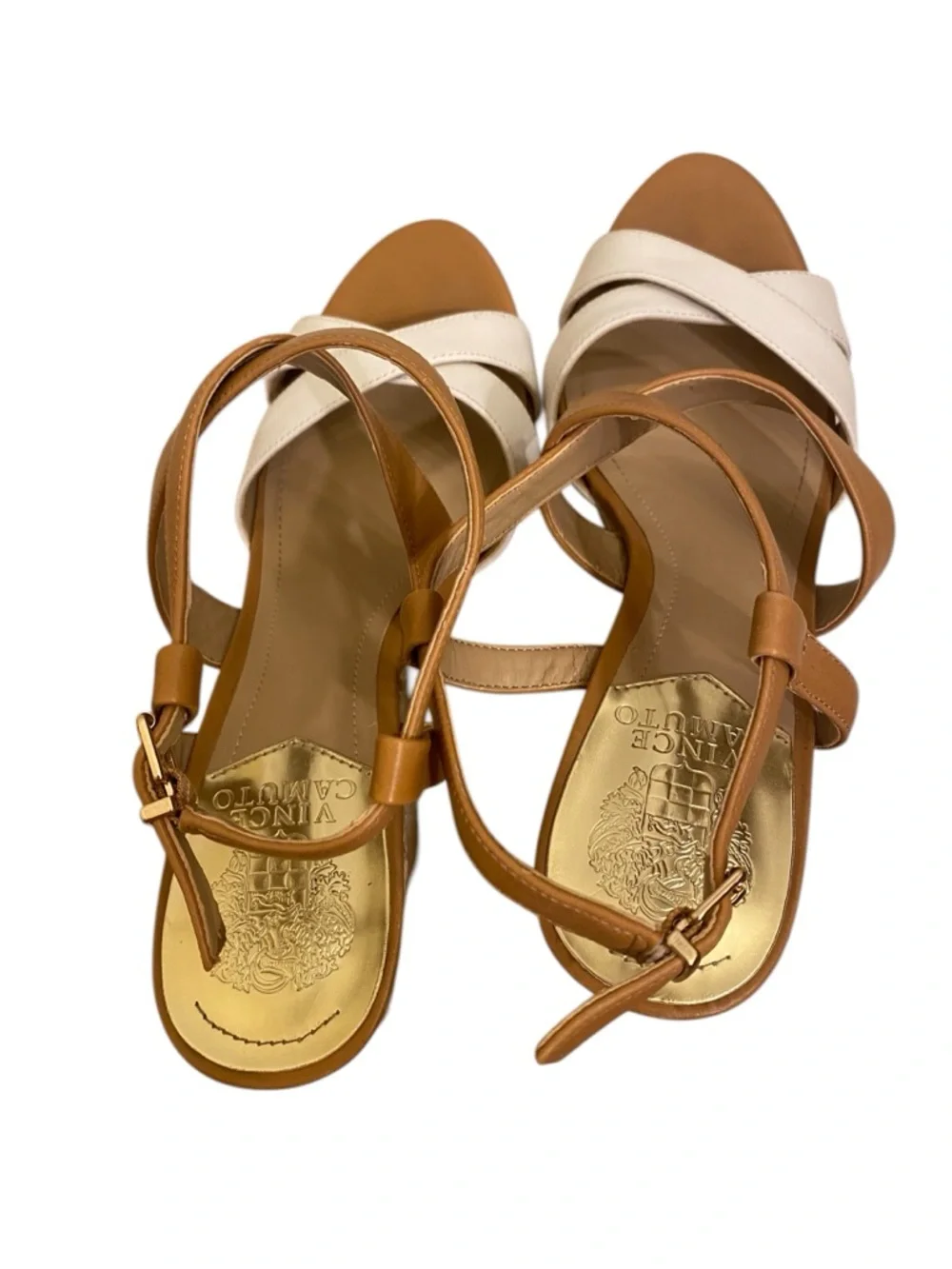 Vince Camuto Tan and White Espadrille Wedge Sandals